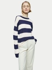 Jigsaw Linen Cotton Wide Stripe Crew Jumper in Navy | women’s dark blue striped jumpers