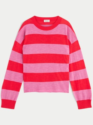 JIGSAW Linen Cotton Wide Stripe Crew Jumper Pink / women’s vivid striped relaxed fit jumpers - flipped