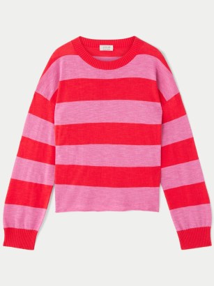 JIGSAW Linen Cotton Wide Stripe Crew Jumper Pink / women’s vivid striped relaxed fit jumpers