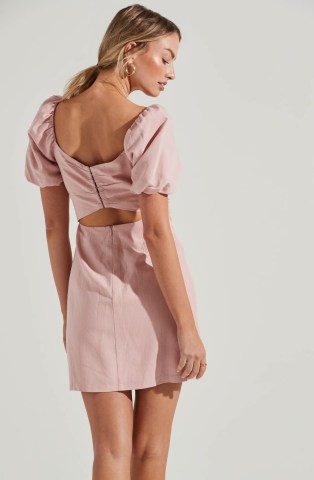 ASTR THE LABEL LINEN PLEAT FRONT MINI DRESS in Dusty Rose ~ pink puff sleeved cut out back dresses - flipped