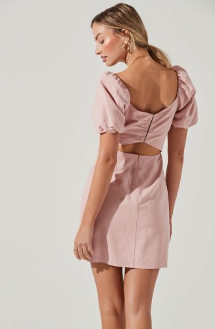 ASTR THE LABEL LINEN PLEAT FRONT MINI DRESS in Dusty Rose ~ pink puff sleeved cut out back dresses