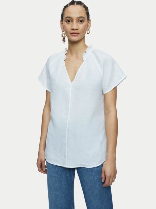 JIGSAW Linen Ruffle Top White / women’s short sleeved ruffled neck summer tops - flipped
