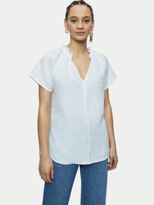 JIGSAW Linen Ruffle Top White / women’s short sleeved ruffled neck summer tops