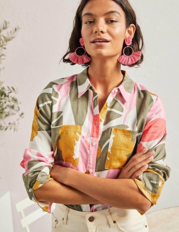 Boden Linen Shirt Ivory Abstract Bloom / women’s printed summer shirts