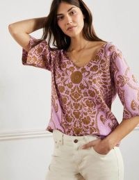 Boden Linen Wide Sleeve Top Orchid Petal Passion Bloom ~ pink printed V-neck kimono style tops