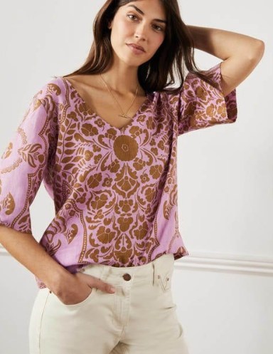 Boden Linen Wide Sleeve Top Orchid Petal Passion Bloom ~ pink printed V-neck kimono style tops - flipped