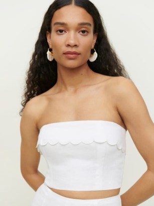 Reformation Lizzi Linen Top in White / strapless scalloped neckline tops / women’s bandeau summer clothes - flipped