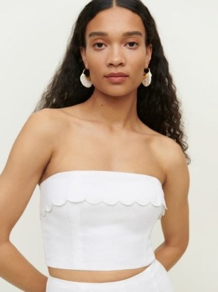 Reformation Lizzi Linen Top in White / strapless scalloped neckline tops / women’s bandeau summer clothes