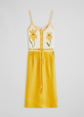 L.K. Bennett Lucia Cream and Yellow Embroidered Cami Dress / spaghetti strap colour block dresses / women’s colourblock summer clothes / floral fashion - flipped