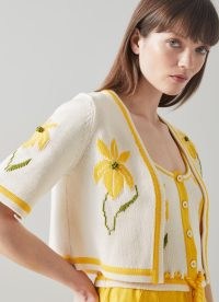 L.K. Bennett Lucia Cream and Yellow Embroidered Knit Cardigan | floral cropped cardigans | feminine spring and summer knitwear | cute crop hem cardi