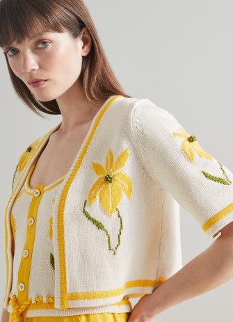 L.K. Bennett Lucia Cream and Yellow Embroidered Knit Cardigan | floral cropped cardigans | feminine spring and summer knitwear | cute crop hem cardi - flipped