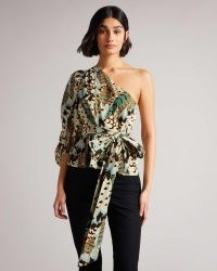 Lumo Printed One Shoulder Top With Tie Waist / glamorous asymmetric feather print tops / one sleeve occasion clothes