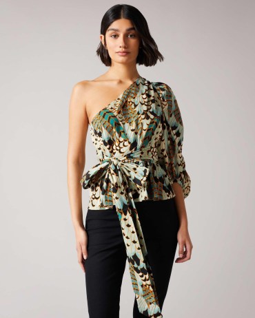 Lumo Printed One Shoulder Top With Tie Waist / glamorous asymmetric feather print tops / one sleeve occasion clothes - flipped