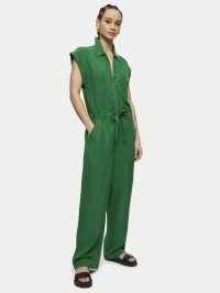 JIGSAW Lyocell Linen Utility Jumpsuit Green / cap sleeved tie waist jumpsuits / women’s utilitarian inspired summer fashion