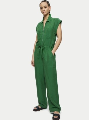 JIGSAW Lyocell Linen Utility Jumpsuit Green / cap sleeved tie waist jumpsuits / women’s utilitarian inspired summer fashion - flipped
