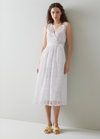 L.K. BENNETT Madeleine White Cotton Broderie Anglaise Dress ~ sleeveless tie waist floral cut out dresses ~ feminine summer clothes