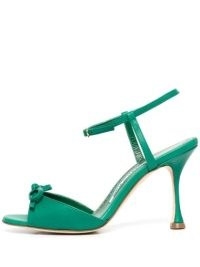Manolo Blahnik Pertinaxa 90mm leather sandals bright green ~ front buckle ankle strap high heels ~ bow detail stiletto heel sandal
