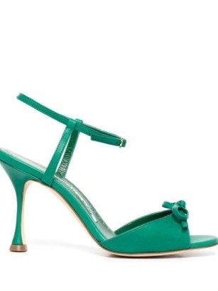 Manolo Blahnik Pertinaxa 90mm leather sandals bright green ~ front buckle ankle strap high heels ~ bow detail stiletto heel sandal - flipped