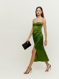 Reformation Marguerite Dress in Palm Green ~ silk spaghetti strap occasion dresses