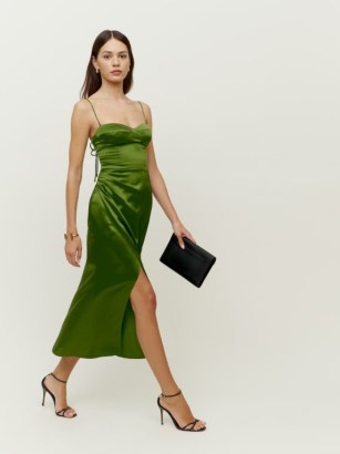 Reformation Marguerite Dress in Palm Green ~ silk spaghetti strap occasion dresses - flipped