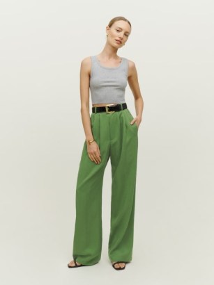 REFORMATION Mason Pant in Palm Green ~ women’s relaxed fit front pleat trousers ~ womens smart pleated pants