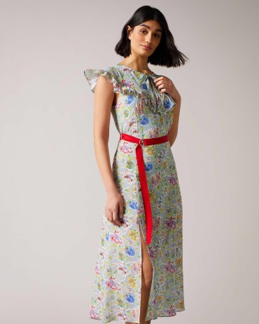 TED BAKER Maurier MIB Floral Printed Midi Dress / flutter sleeve split hem dresses / summer occasion clothes - flipped