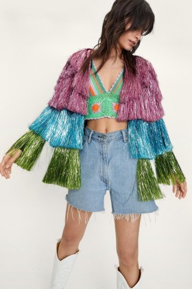 NASTY GAL Metallic Open Front Tiered Fringe Jacket ~ multicoloured fringed jackets ~ festival fashion ~ pink, blue and green tiers - flipped