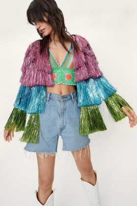 NASTY GAL Metallic Open Front Tiered Fringe Jacket ~ multicoloured fringed jackets ~ festival fashion ~ pink, blue and green tiers