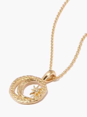 ĀZLEE Petit Cosmic diamond & 18kt gold necklace – circular moon and star pendant necklaces – celestial themed pendants