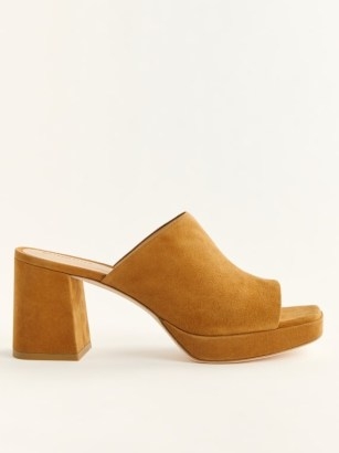 Reformation Mia Platform Sandal in Honey | brown suede block heel square toe sandals | chunky vintage style mules - flipped