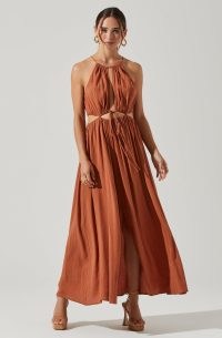 ASTR THE LABEL MIDRIFF CUTOUT MAXI DRESS in Clay ~ orange-brown strappy cut out dresses ~ glamorous on-trend summer fashion