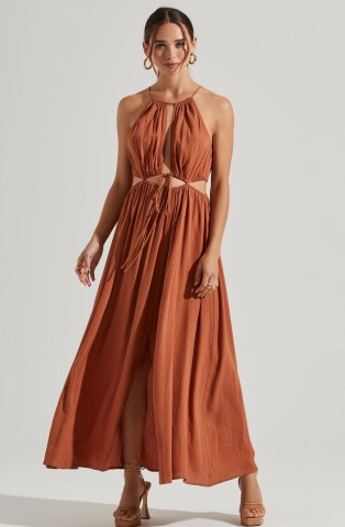 ASTR THE LABEL MIDRIFF CUTOUT MAXI DRESS in Clay ~ orange-brown strappy cut out dresses ~ glamorous on-trend summer fashion - flipped