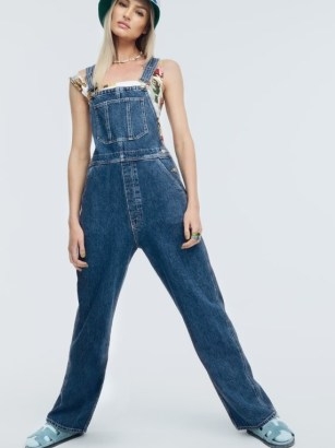 Reformation Milo Utility Overalls in Rockport | blue denim dungarees - flipped