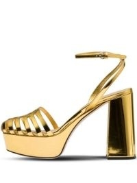 Miu Miu caged platform sandals in gold leather – high chunky heel platforms – metallic block heels – retro shoes with ankle strap