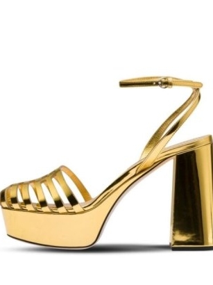 Miu Miu caged platform sandals in gold leather – high chunky heel platforms – metallic block heels – retro shoes with ankle strap