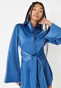 MISSGUIDED navy flare sleeve tie waist satin shirt dress ~ blue wide sleeved collared dresses
