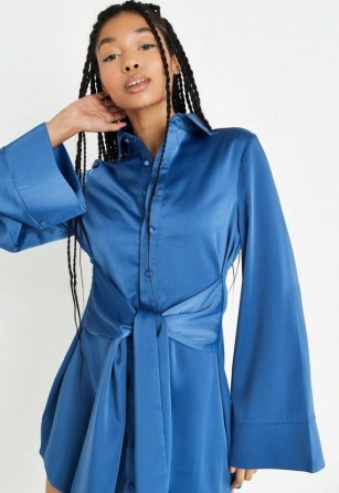 MISSGUIDED navy flare sleeve tie waist satin shirt dress ~ blue wide sleeved collared dresses - flipped