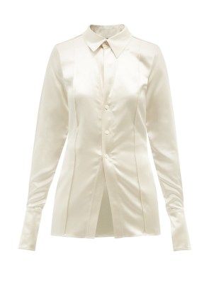 PETER DO V-neck silk-satin shirt ~ cream fluid fabric shirts ~ women’s luxe wardrobe essentials - flipped