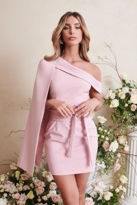 lavish alice off shoulder cape mini dress in pink – asymmetric tie waist occasion dresses