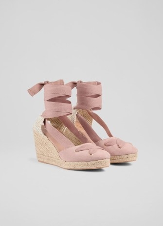 L.K. BENNETT Ophelia Pink Suede Crossover Strap Espadrilles ~ ankle tie wedge heel espadrille sandals - flipped