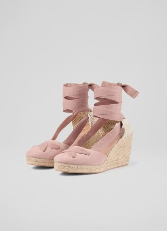 L.K. BENNETT Ophelia Pink Suede Crossover Strap Espadrilles ~ ankle tie wedge heel espadrille sandals