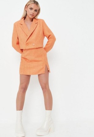 MISSGUIDED orange co ord boucle cropped blazer ~ women’s crop hem blazers ~ women’s bright on-trend jackets ~ citrus coloured clothes