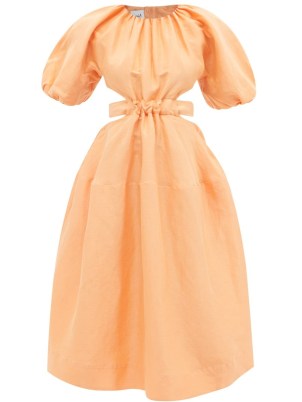 AJE Mimosa cutout cotton midi dress – orange summer occasion dresses with volume – cut out waist event clothes – puff sleeved clothing – voluminous fashion - flipped