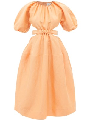 AJE Mimosa cutout cotton midi dress – orange summer occasion dresses with volume – cut out waist event clothes – puff sleeved clothing – voluminous fashion