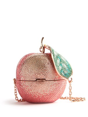 JUDITH LEIBER Peach crystal-embellished clutch / shimmering fruit themed minaudière bags / glamorous chain strap minaudières / occasion glamonour - flipped