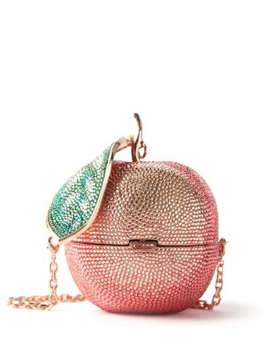 JUDITH LEIBER Peach crystal-embellished clutch / shimmering fruit themed minaudière bags / glamorous chain strap minaudières / occasion glamonour