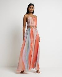 RIVER ISLAND ORANGE STRIPED CUT OUT MAXI DRESS – strappy halterneck cutout dresses – floaty summer evening fashion – women’s on-trend halter neck clothes