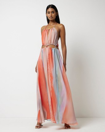 RIVER ISLAND ORANGE STRIPED CUT OUT MAXI DRESS – strappy halterneck cutout dresses – floaty summer evening fashion – women’s on-trend halter neck clothes - flipped
