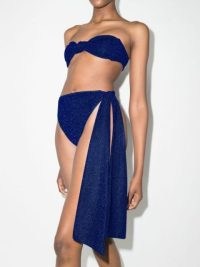 Oséree Lumiére oversized-bow lurex bikini – royal blue metallic thread bikinis – strapless bandeau top – side draped detail bottoms