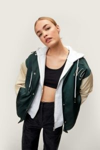 NASTY GAL Padded Colourblock Embroidered Satin Varsity Jacket ~ women’s green oversized fit American style jackets ~ womens on-trend casual outerwear